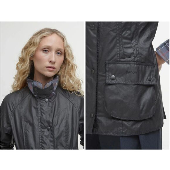 Barbour Women's Black Beadnell Water Resistant Waxed Cotton Wax Jacket Size 10 - Picture 2 of 7